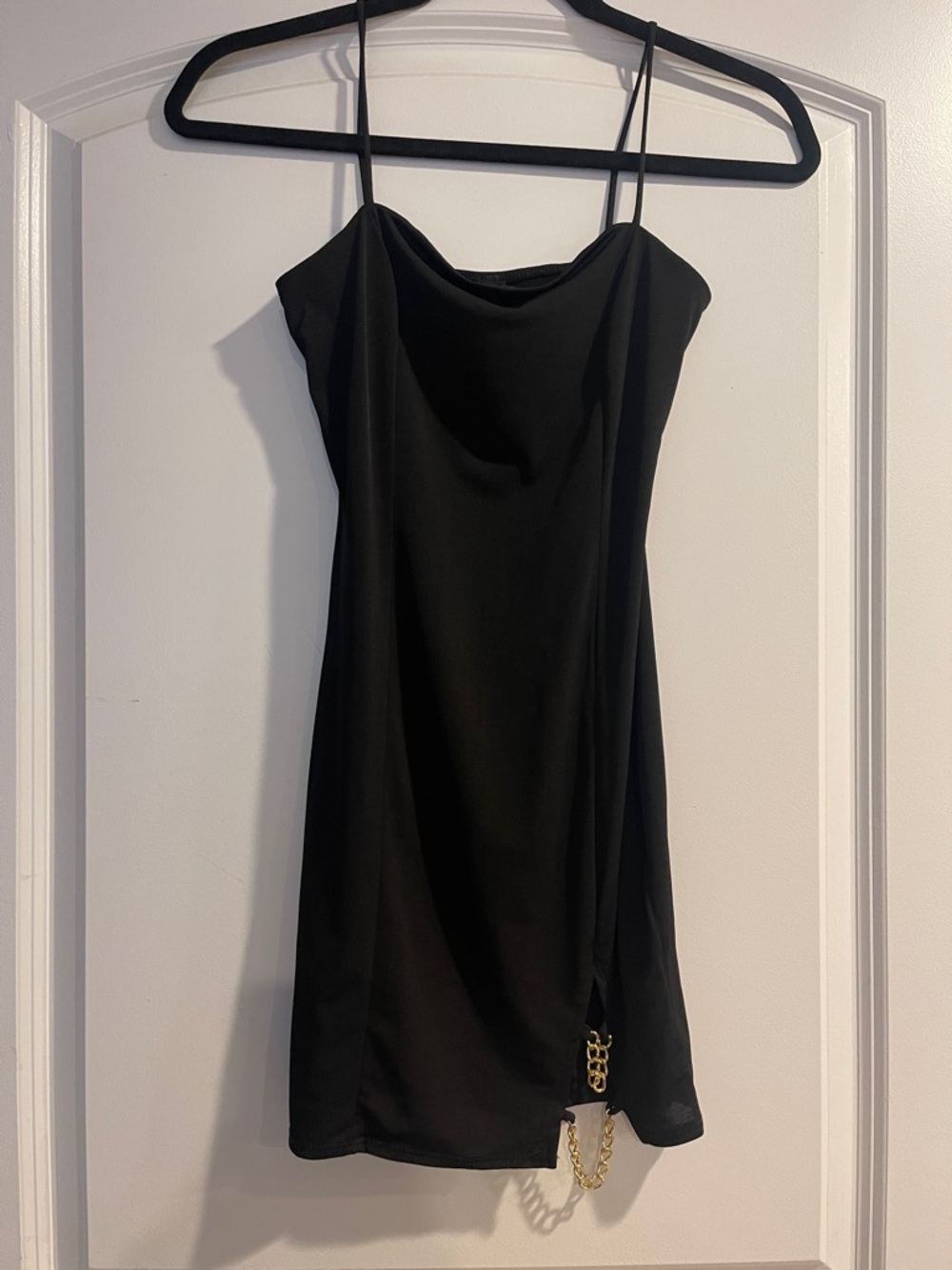 Windsor Black Cowl Neck Mini Dress with Gold Chain Accent